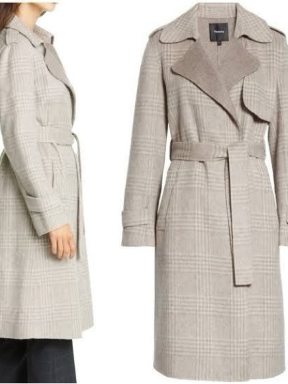 Theory Oaklane Soft Wool Blend Plaid Belted Trench Coat